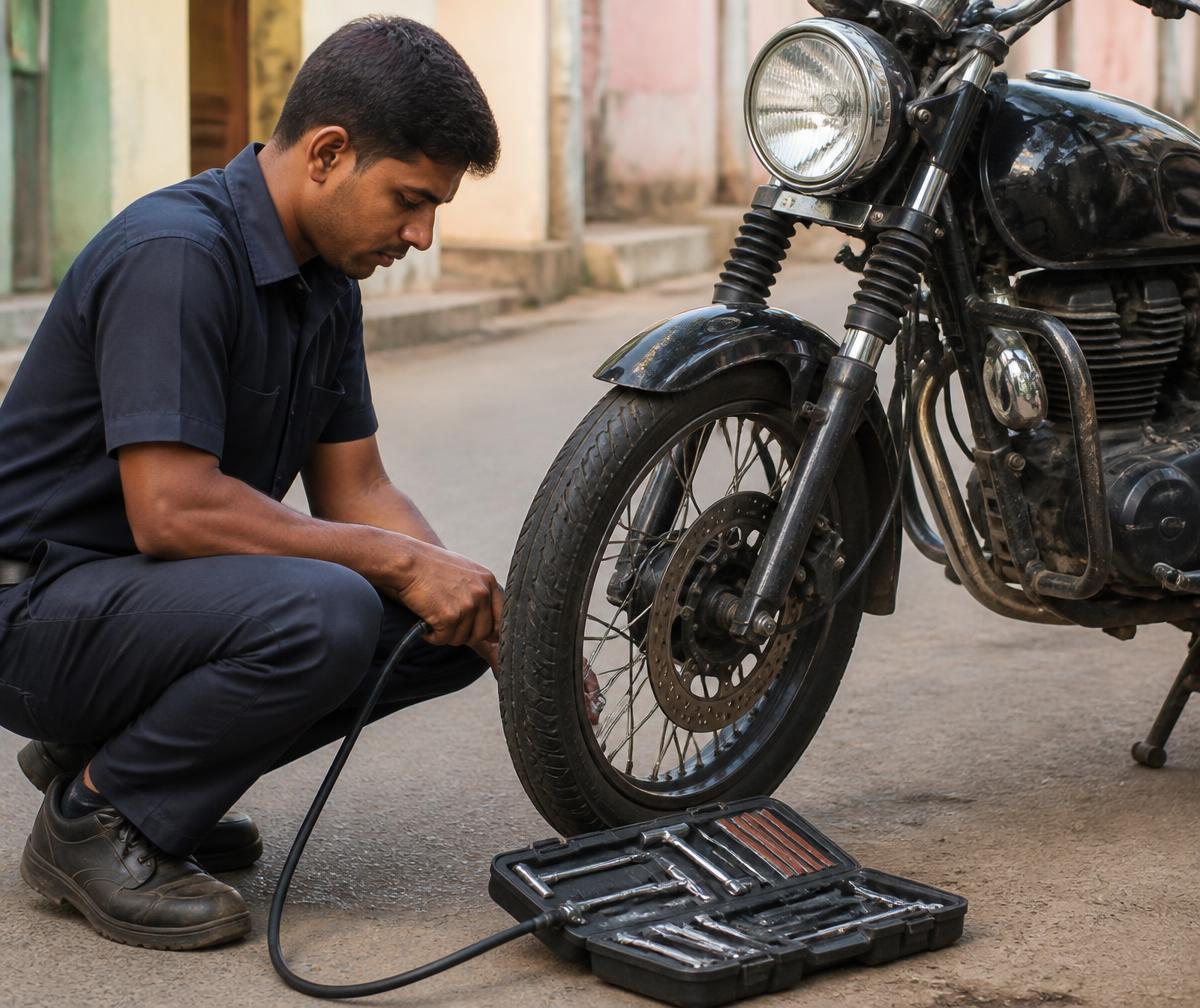K. Lova Raju repairing a tyre for Chaitanya Puncture Works